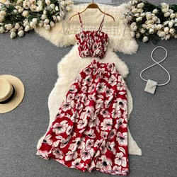 2024 Holiday Floral Print Two Pieces Suits Zipper Design Slim Tank Top+ A Line Long Skirt Vintage Bohemian Beach Sets