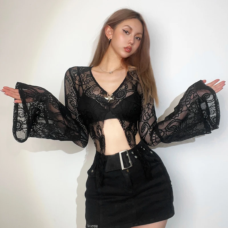 Sexy Perspective Top for Women Heavy Industry Relief Hook Flower Metal Buckle Temperament Lace Slit Top Black Party Bodysuits