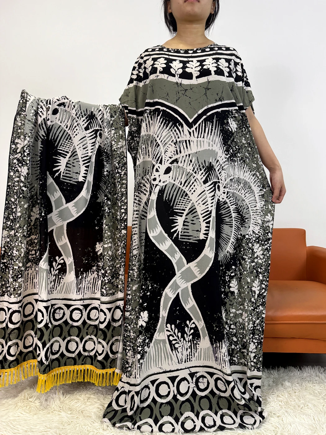 Muslim Abayas For Women 2025 Printed Cotton Loose Femme Robe African Dresses Nigerian Novelty Clothes With 160x80cm Lace Scarf