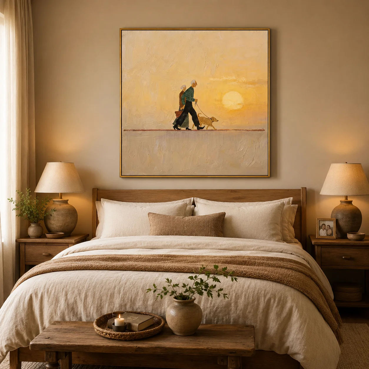 The Golden Hour Walk – Sunset Folk Couple & Dog Portrait Painting | Vintage Square Entryway Art for Bedroom, Living Room, Office