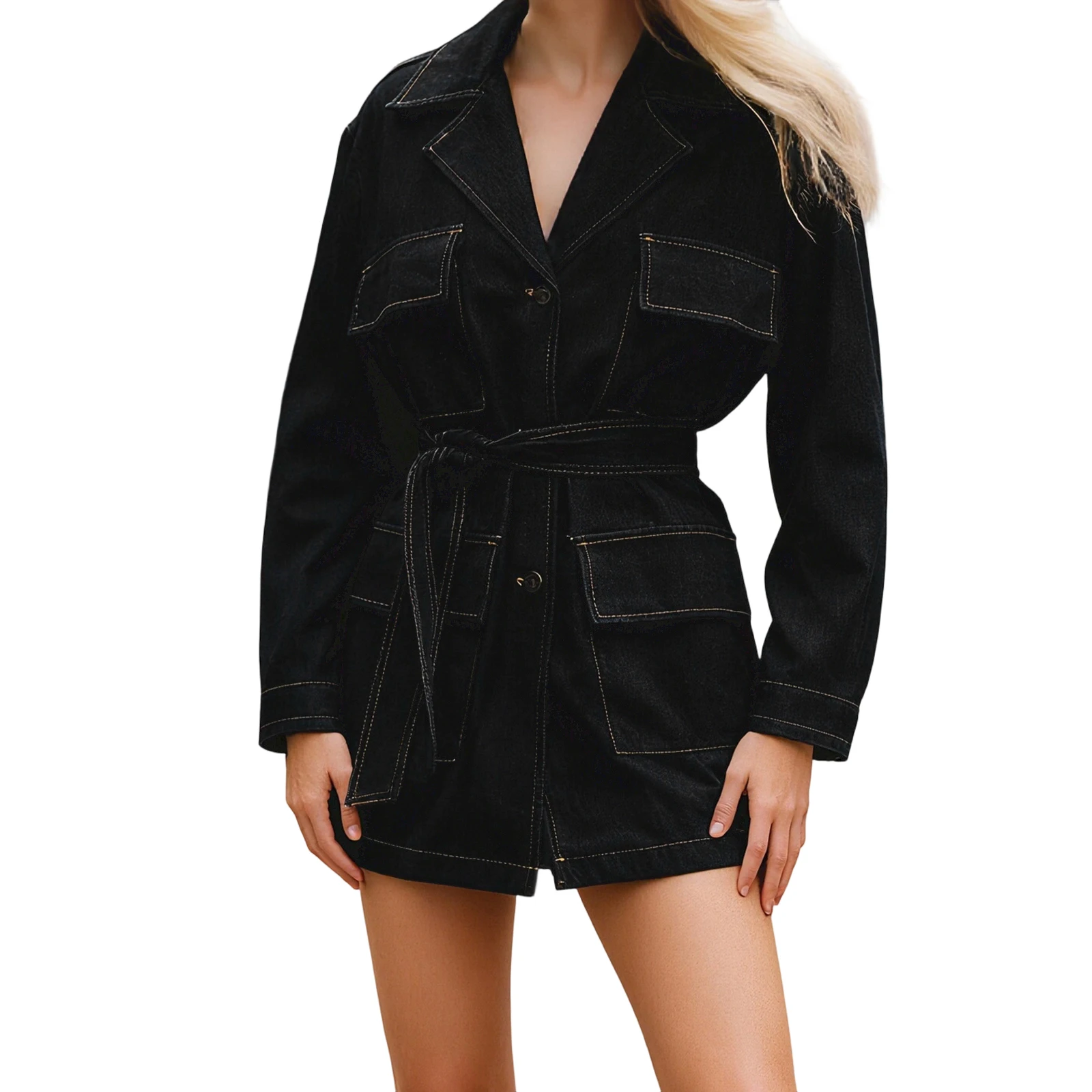 Vestido jeans feminino, manga comprida, fecho de botão, gravata na cintura, mini vestido de outono com bolsos