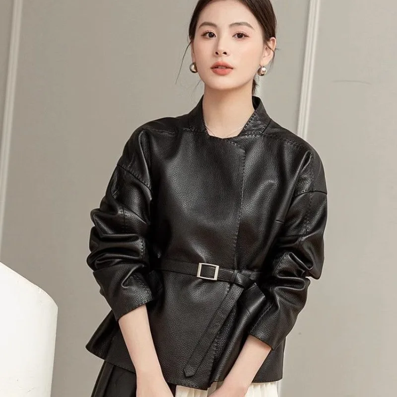 Women's Spring Autumn Leather Jacket Belt Short Tops Zipper Coats Loose Retro Fashion Design Sense Leisure Simple Brand Soft