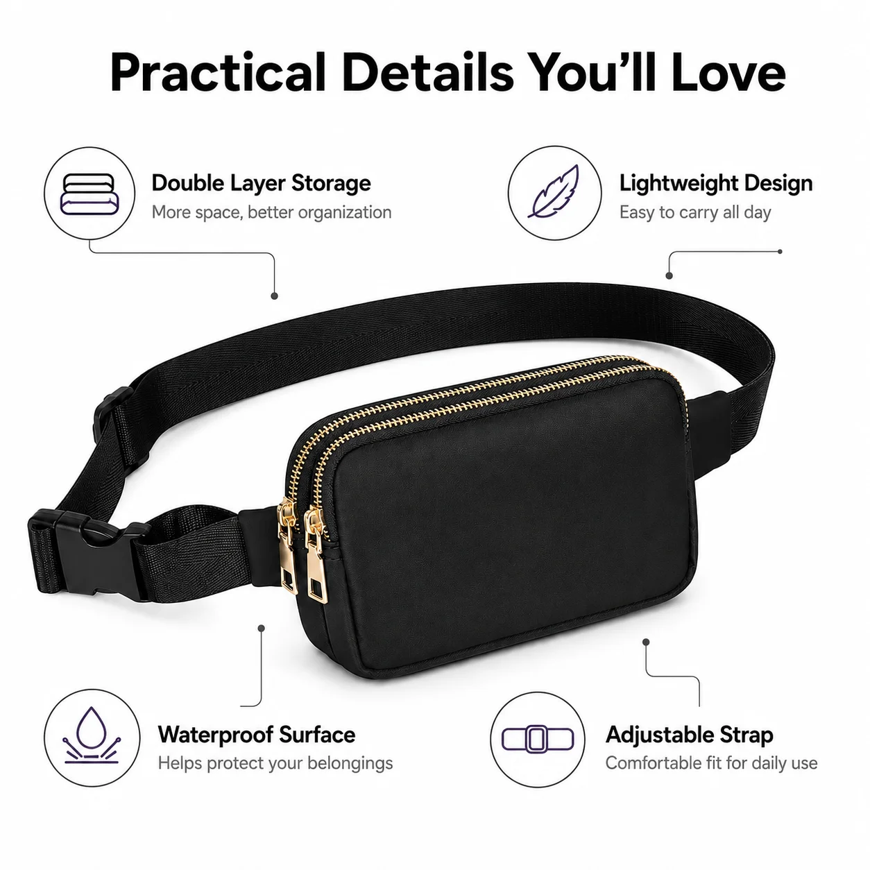 Outdoor Doppelreißverschluss-Hüfttasche Wandern Crossbody Reise-Bauchtasche Verstellbare Wasserdichte Kleine Tasche – Detail 5