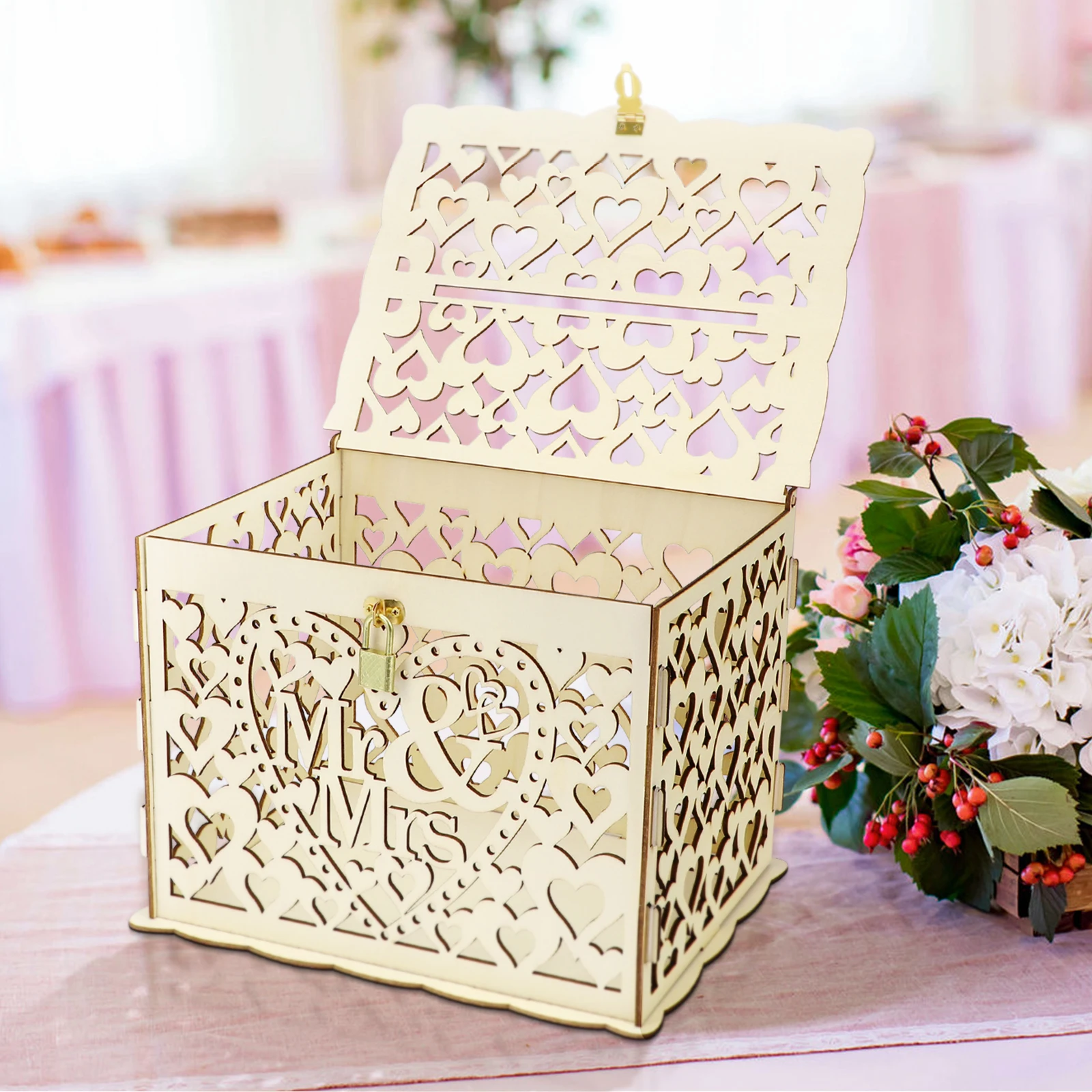 

Wood Wedding Storage Box Mr Mrs Hollow Out Design Small Size Lock Key for Wedding Party DIY Love Box