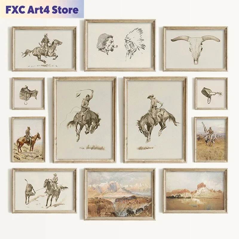 Frameless Southwestern Style Cowboy Wall Art Vintage Western Prints Living Room  American Country Rustic Gallery Poster Set
