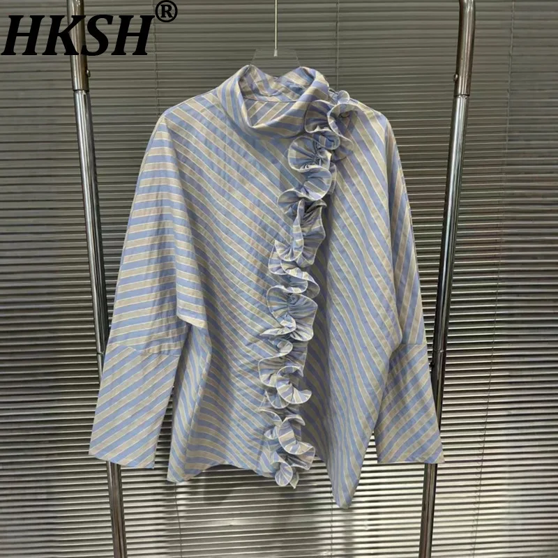 

HKSH Autumn New Women Chic Shirt Asymmetric Ruffles Striped Long Sleeve Slimming Versatile Elegant High Street Sweet Tops HK9484