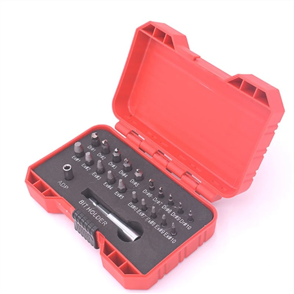 

Набор для извлечения сломанных болтов, комплект из 22 предметов, экстрактор сломанных болтов с держателем для бит, адаптер для пластика, быстрорежущая сталь с поврежденным шестигранным хвостовиком, инструменты для удаления