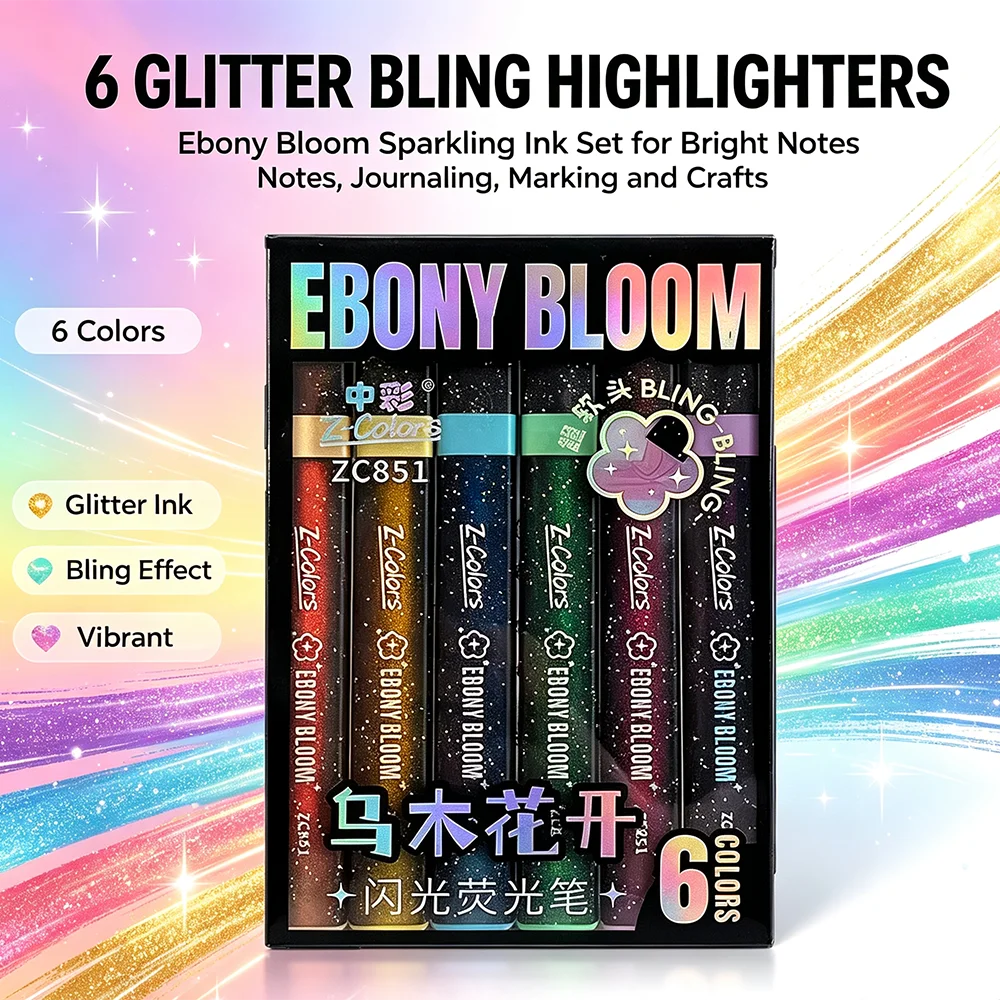 6Pcs Glitter Highlighter Pens Set Chisel Tip for Ceramic Fabric Scrapbooking DIY Crafts Coloring Journal Art Stationery Supplies