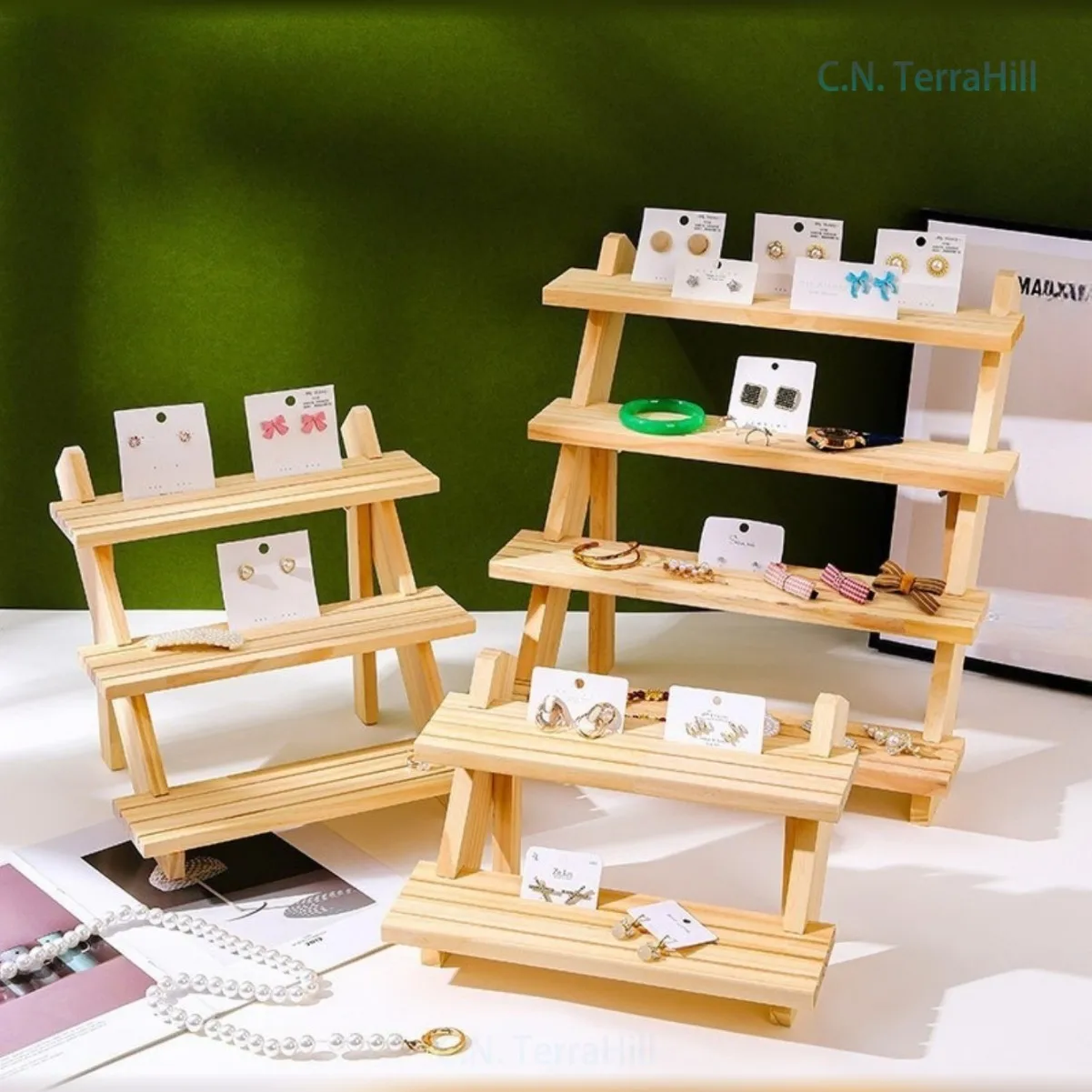 Succulent Display Stand Earring Jewelry Organizer Wooden Desktop Shelf for Figurine Dolls Craft Show