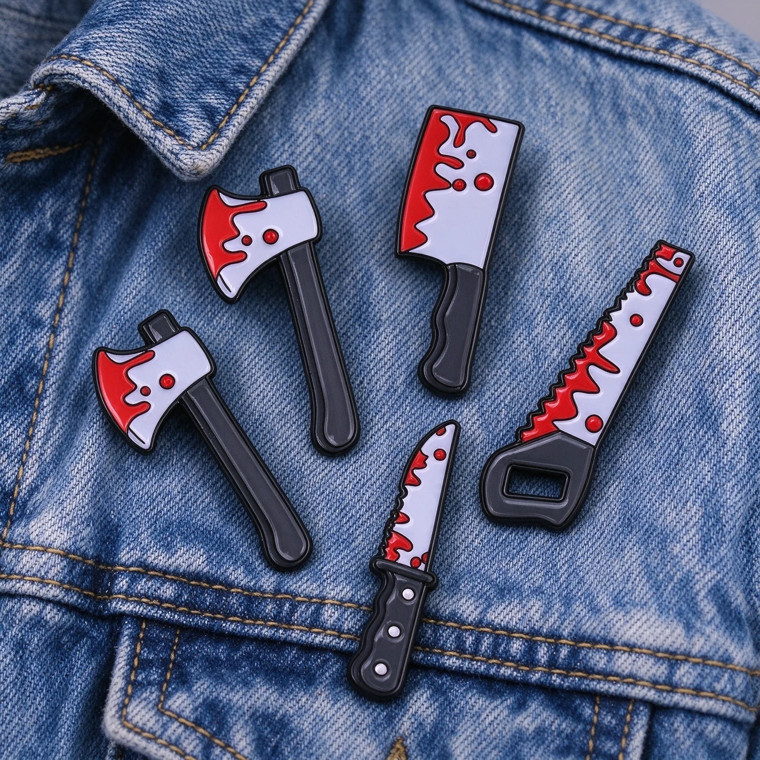 4Pcs Bloody Axe Cleaver Saw Knife Enamel Pins Horror Lapel Brooch Badge Halloween Punk Backpack Clothing Decoration Jewelry Gift
