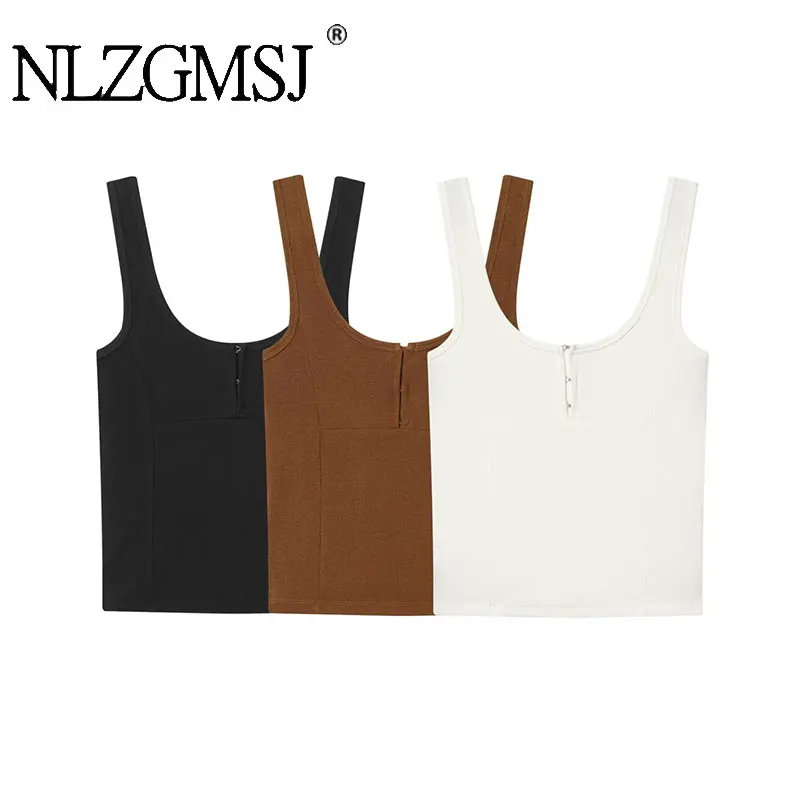 

NLZGMSJ 2026 Women Camis Sleeveless Backless Hidden Buttons Elastic Slim Crop Top Female Short Tanks Y2K