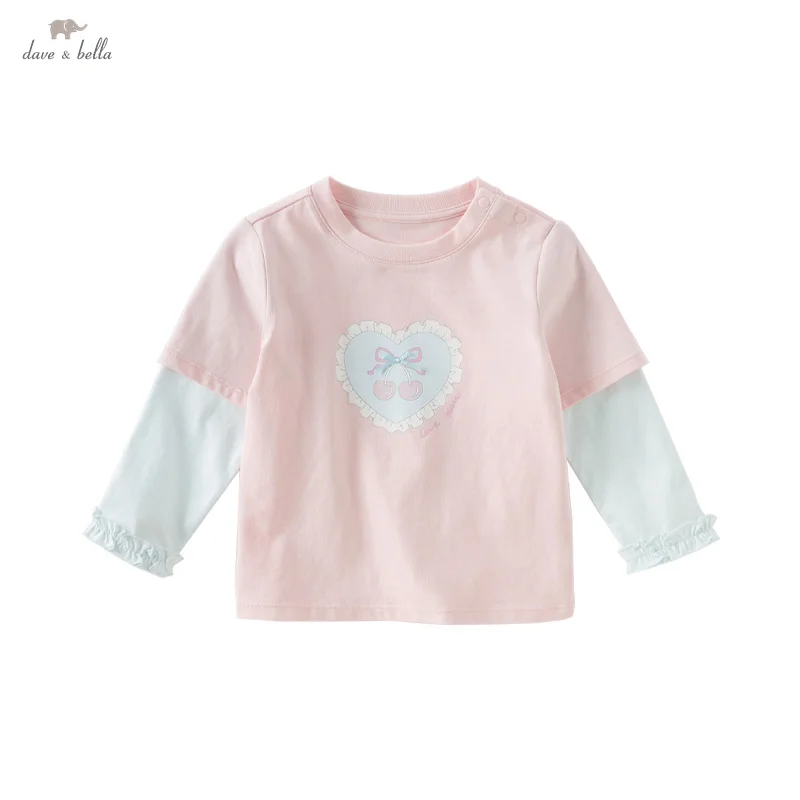 

Dave Bella Children's Long Sleeved T-shirt 2025 Spring Sweet Cute Kids Fake Two-Piece Top Girls Cotton Bottoming Shirt DB1250884