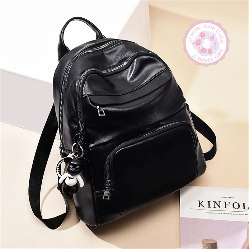 

Vintage Soft Leather Women Backpack Cute Bear Pendant School Bag For Teenage Girls Light & Large Capacity Ladies Travel Bag