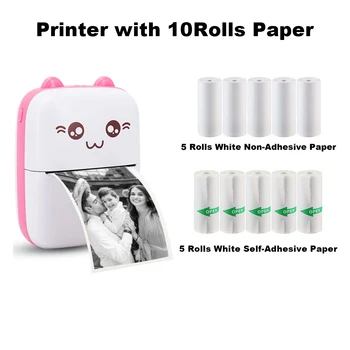 Mini impresora térmica de pegatinas con 10 rollos de papel de impresión, impresora portátil, Mini impresora de bolsillo para notas de diario, regalo para niños