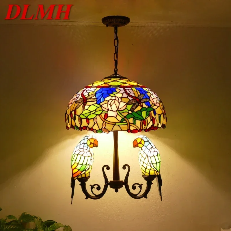 DLMH Tiffany Parrot Chandelier Vintage Creative Color Glass Living Room restaurant Bedroom Hotel Corridor Pendant Lamp