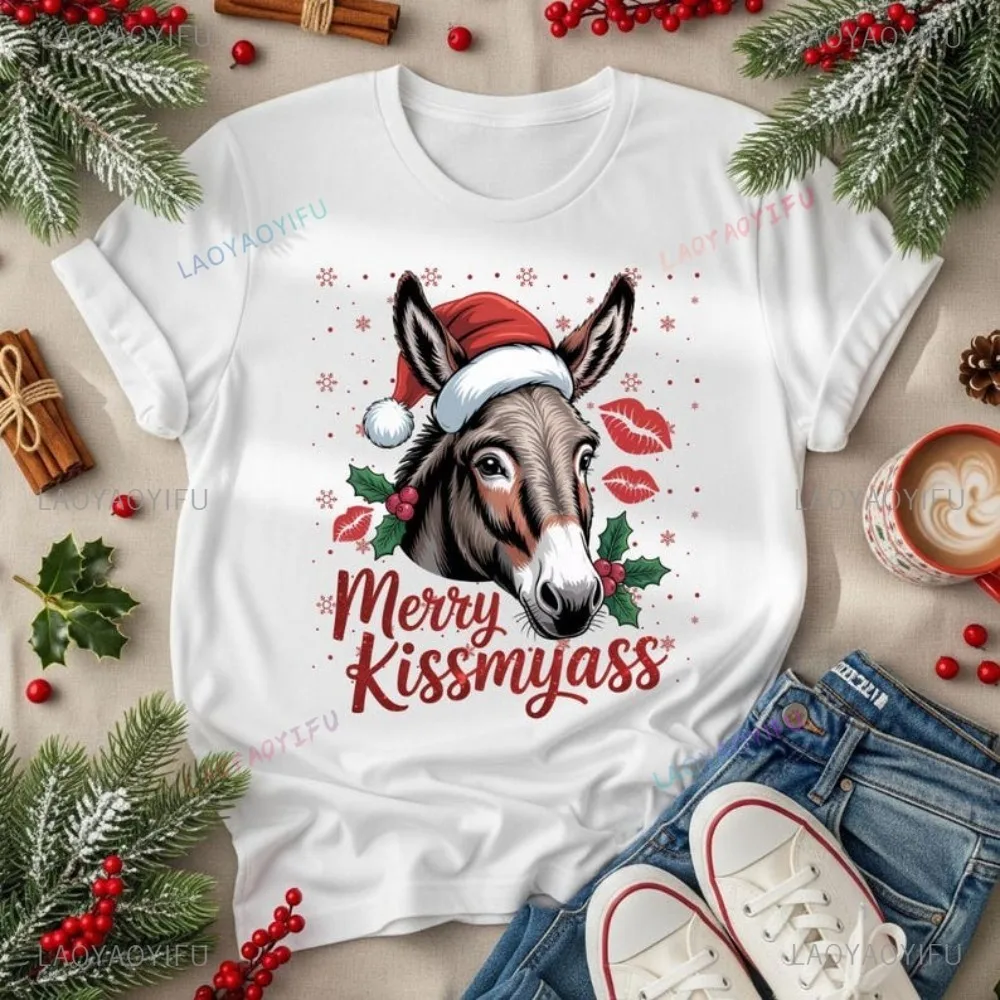 Funny Merry Kissmyass Adult Humorous Santa Claus Tshirt Casual Fashion Loose Harajuku Women T Shirt Hip Hop Punk Man Clothing