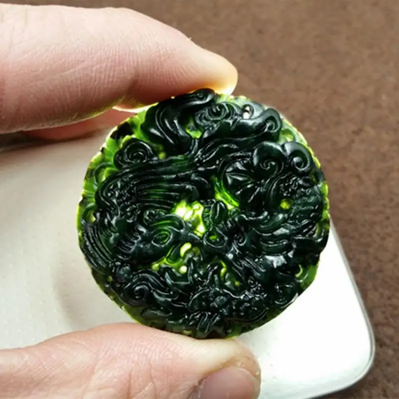 Natural Chinese Black Jade Dragon Phoenix Necklace Pendant Fashion Charm Amulet