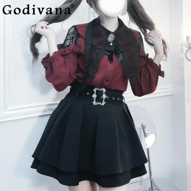 긴팔 셔츠와 블랙 숏 스커트 여성용 레이스업 스윗 투피스 스커트 슈트 여성 일본 스타일 로리타 세트