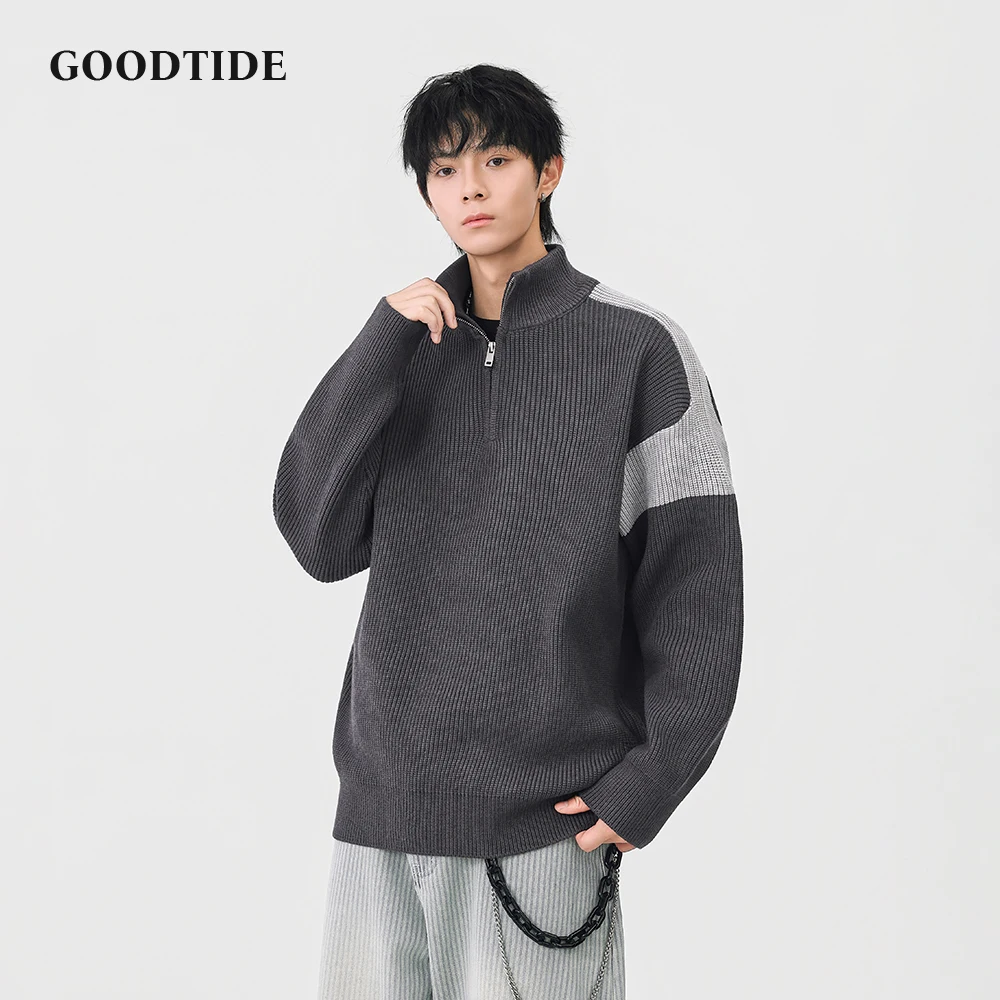 

Fashion Men's Casual Half - Zip Mock Neck Sweater 2025 Winter Contrast Panel Ribbed Knit Pullover Soft Long Sleeve Jumper Top