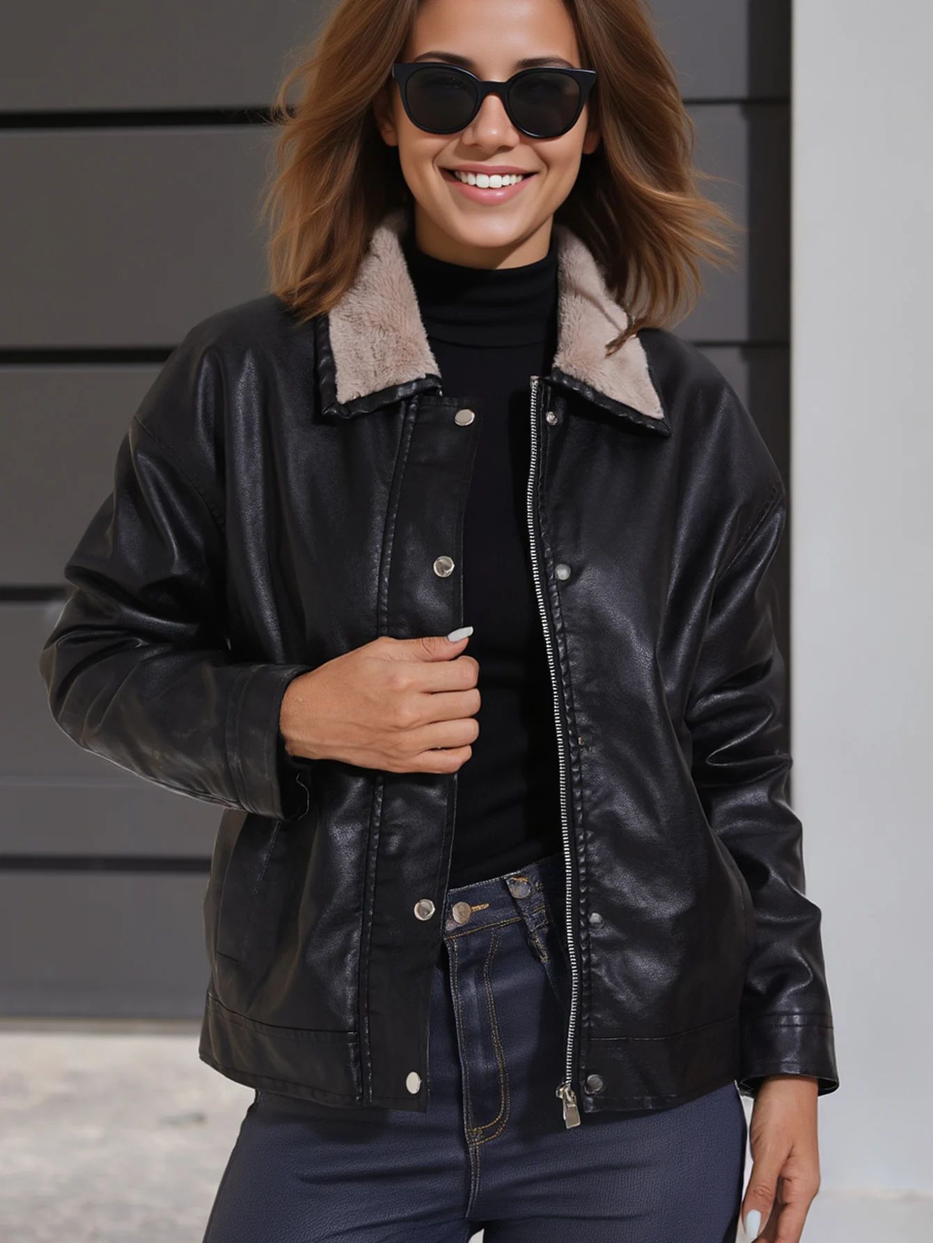 

Fleece Lined PU Leather Jacket, Street Style Long Sleeve Motorcycle Jacket For Winter & Fall, Women's Clothing