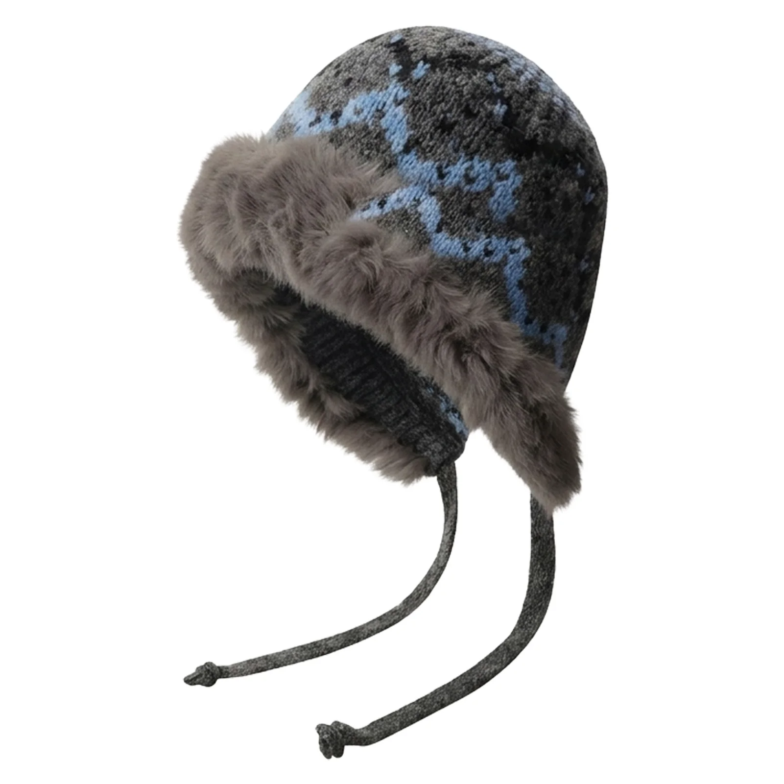 1 Pack Knit Earflap Hat Faux Rabbit Fur Lined for Winter Cold Weather Skiing Hiking Commuting Warm Beanie Windproof Gear