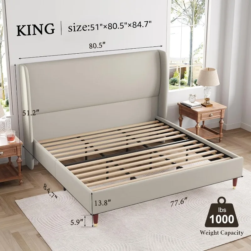 King Bed Frame Upholstered Bed with Wingback Headboard Platform Bed King Size/No Box Spring Needed/Easy Assembly/Brown