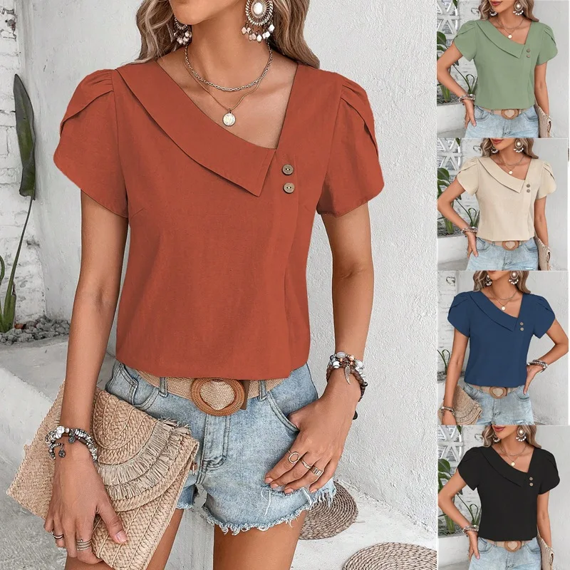

Women Slant V Neck Pullover Shirt Elegant Petal Short Sleeve Button Decoration Blouse Summer Solid Color Casual Female Tops 2025
