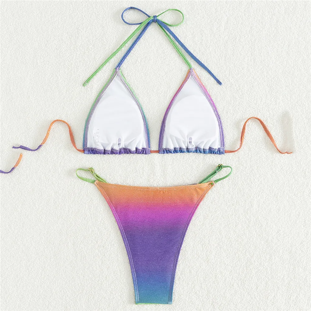 2024 Mujer Bikinis Set Rainbow Gradient Color Swimwear String Halter Triangle Micro Mini Thong Woman Swimsuits Sexy Bathing Suit