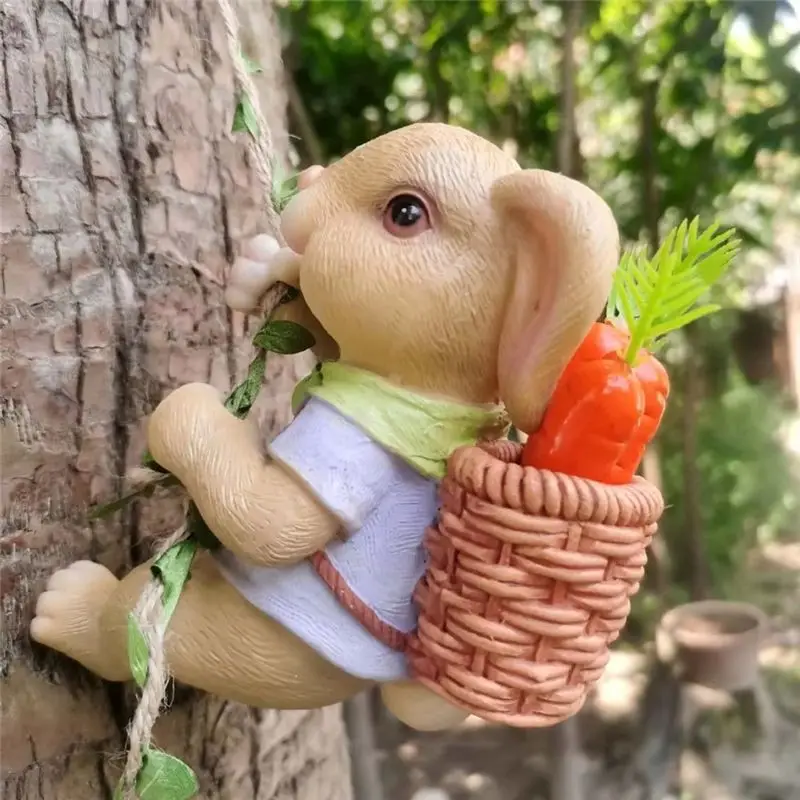 AEE4-Charming Garden Decor Resin Bunny Statue,Outdoor Animal Sculpture,Garden Hanging Ornament,Perfect For Patio And Lawn