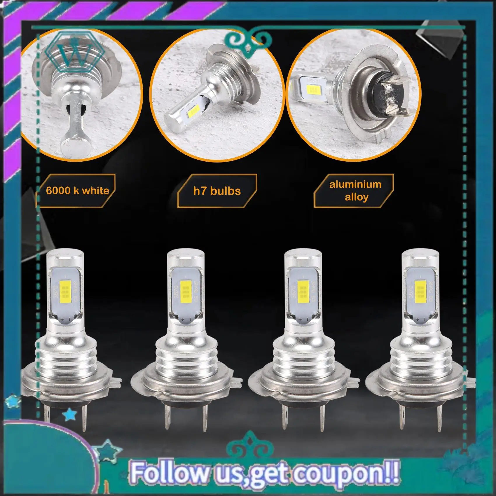 

AA92-4PCS Mini H7 + H7 Combo LED Headlight Kit Bulbs High Low 240W 52000LM 6000K Kit Super White