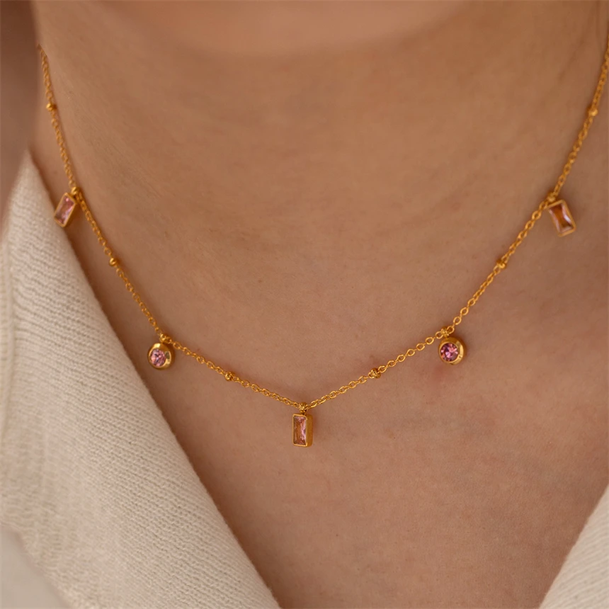 316L Stainless Steel Simplicity Pink Zircon Geometry Pendant Clavicular Chain Necklaces Bracelet Fashion High Jewelry Party Gift