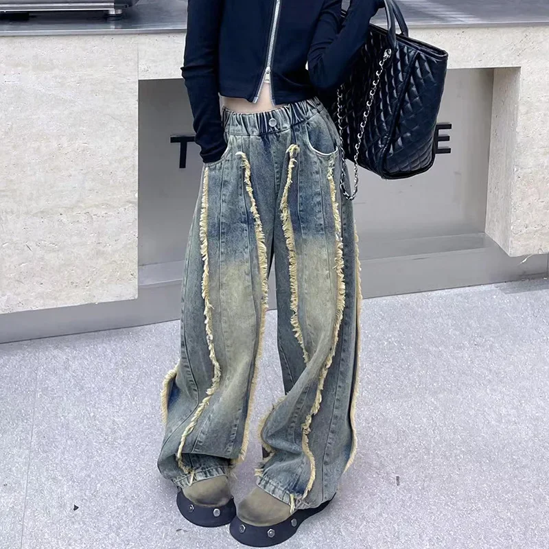 Girls' autumn fashion trendy street style personalized jeans fringed straight leg wide leg pants girls' long pants