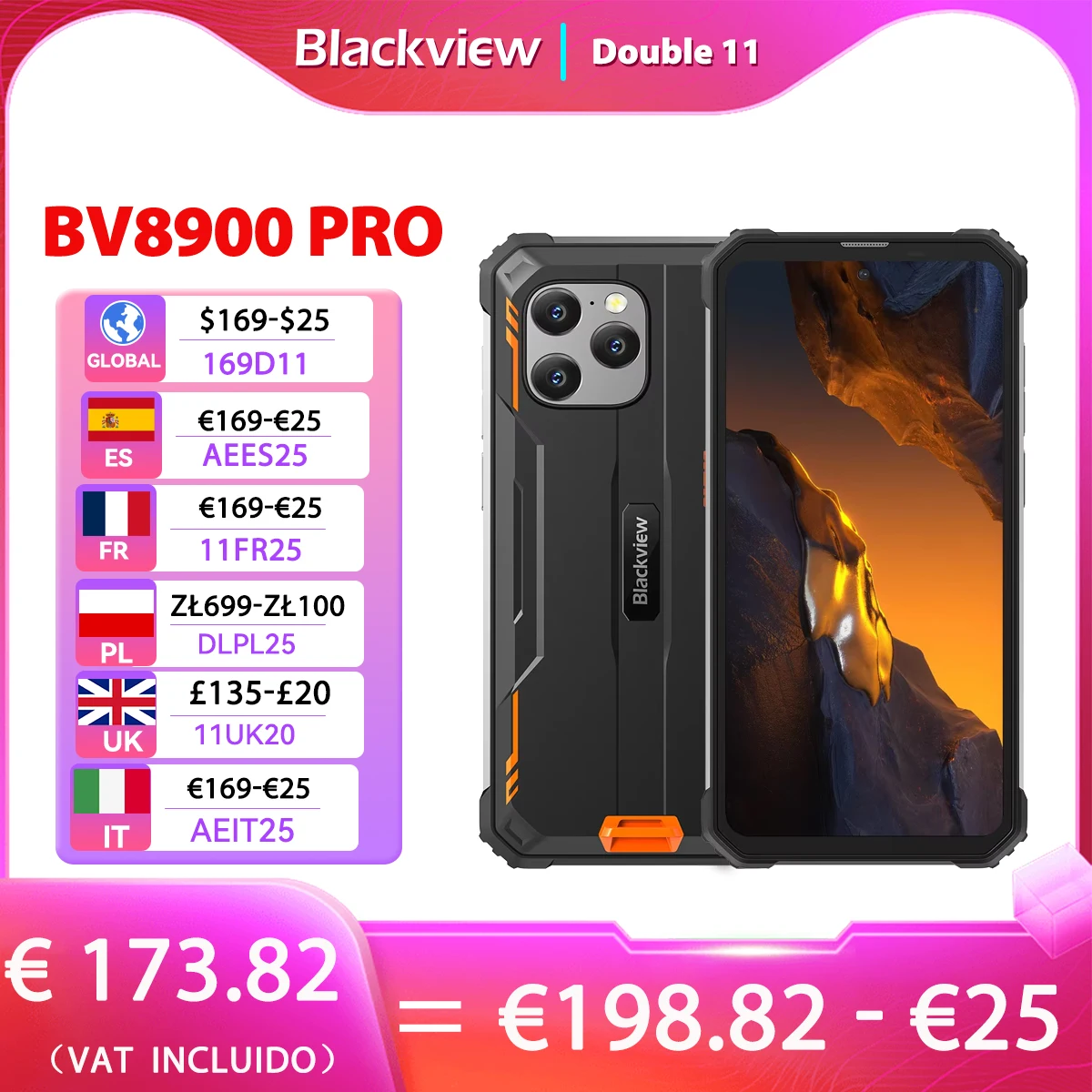 Blackview BV8900 Pro 6.49 Inches Rugged Phone 8GB RAM+256GB ROM 10000mAh Android 13 16MP+64MP Camera NFC Fingerprint Unlock