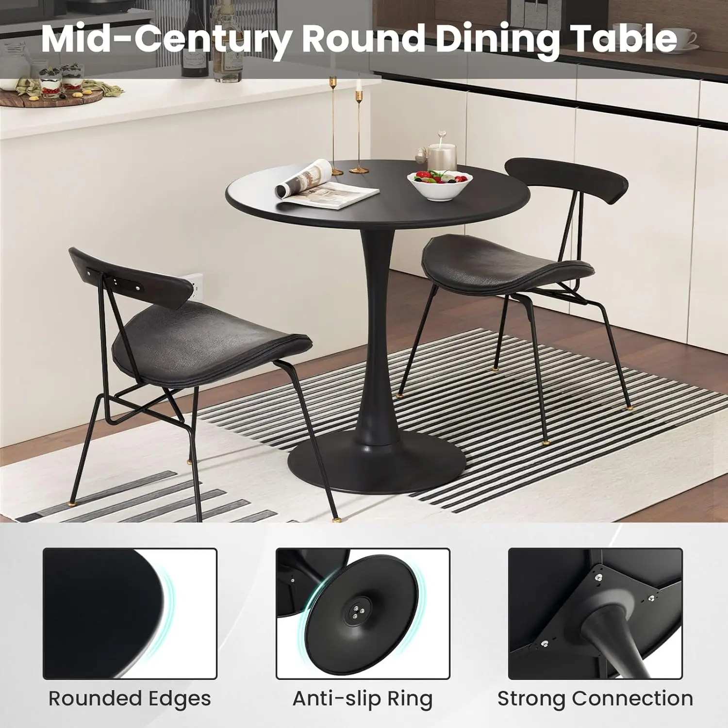 Table de salle à manger ronde noire, table de cuisine tulipe moderne de 32 po avec piédestal en métal robuste, table britannique épaissie de 0.9 po, loisirs du milieu du siècle