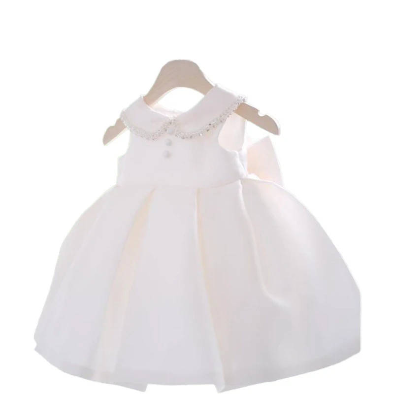 Baby White Baptism Dress For Girls Bridesmaid Party Dresses Pearl Children Clothes Bow Girl Birthday Princess Wedding Ball Gown