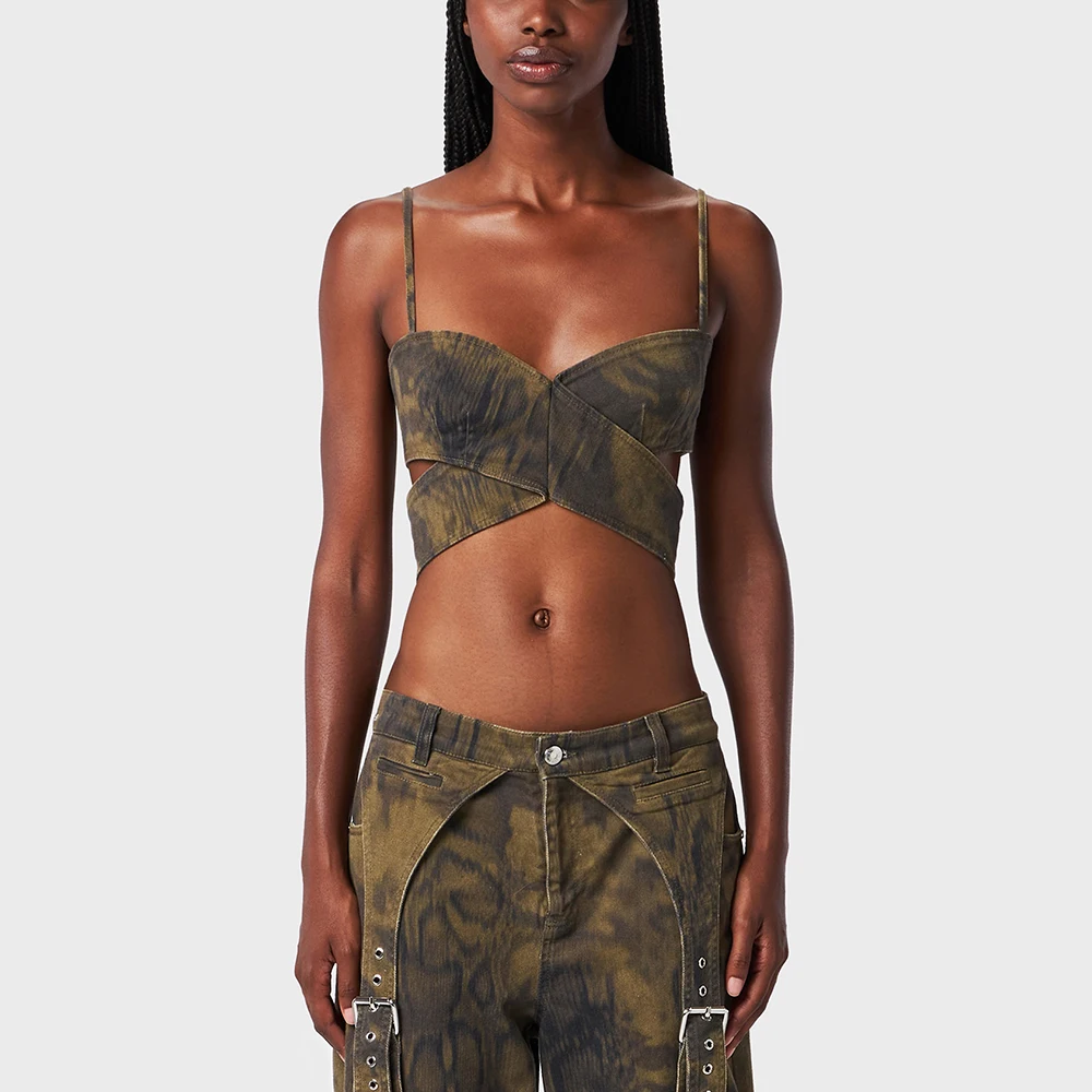 

2024 Spring / Summer New Women Tank Top Y2k Camouflage Print Cross Design Fashion Commuter Hundred Cotton Camisole Tops