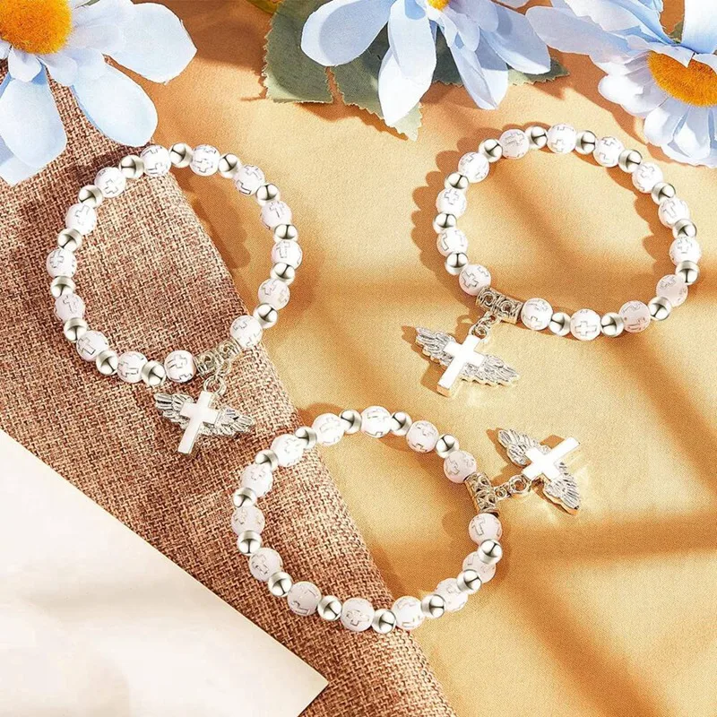 ABXH 30 ชิ้น Angel Wing Rosary สร้อยข้อมืออะคริลิค Baptism สร้อยข้อมือลูกปัดสําหรับ Baptism Favors Communion งานแต่งงาน