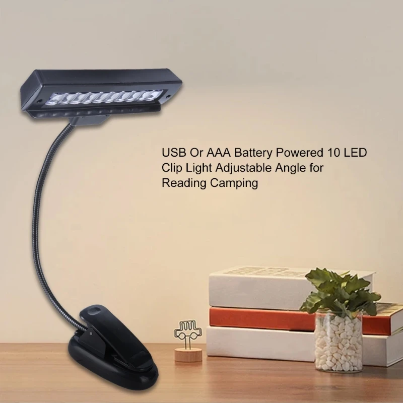 Portable 10LED Clip Light with USB & Battery Power Supply for Reading Camping