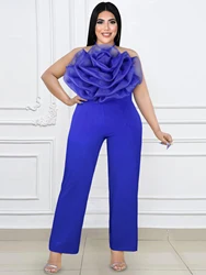 Ontinva Party Jumpsuits Voor Dames Blauwe Bloem Zonder Rug Appliqueert Hoge Taille Lange Wijde Pijpen Broek Rompertjes Plus Maat 4xl 2024 Nieuw