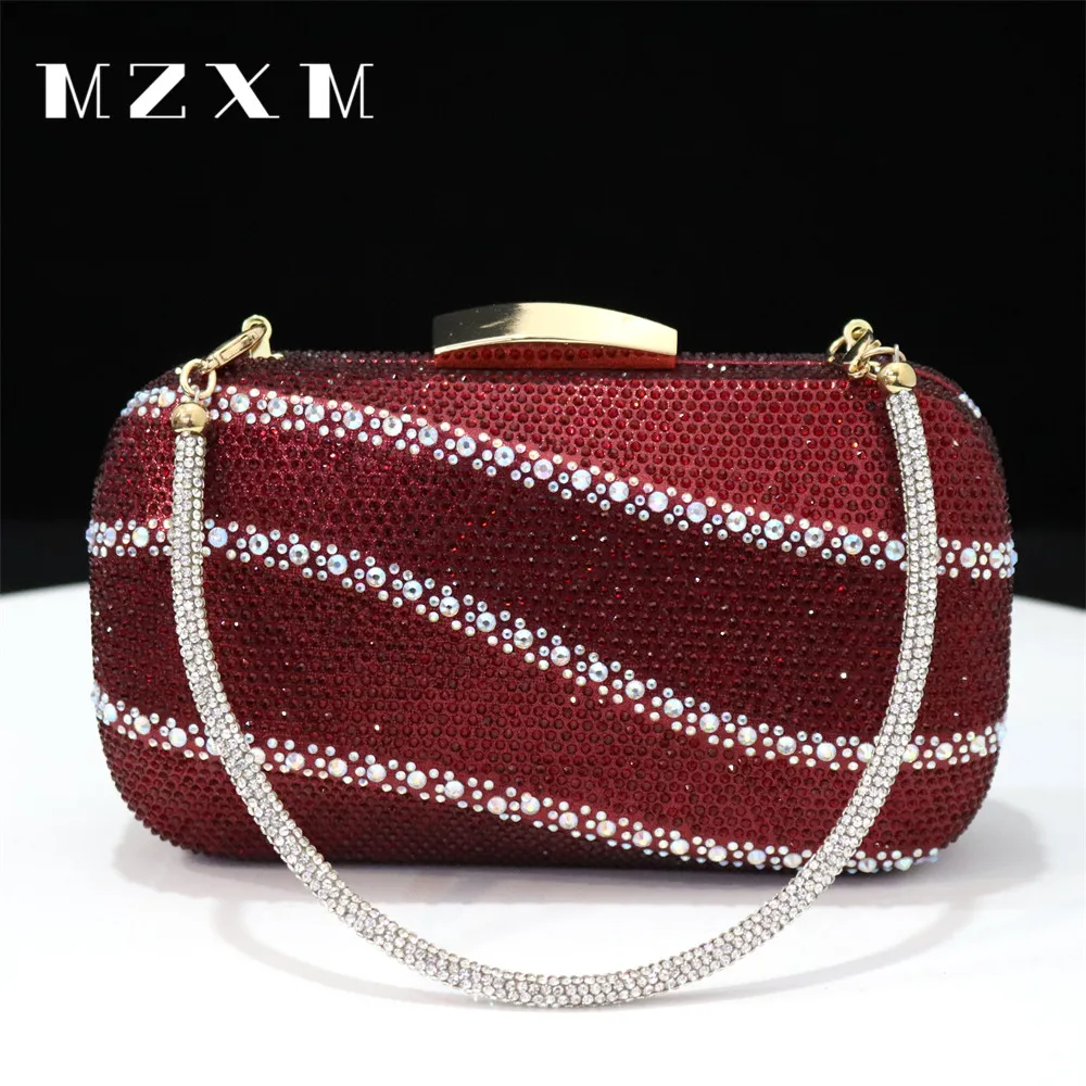 Fashion Women Evening Bags Metal Stripe Luxury Diamonds Clutch Wine Color Rhinestones Chain Shoulder Handbags