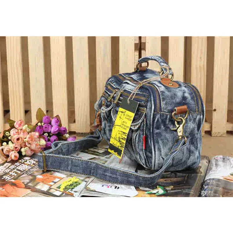 

Denim Retro Unisex Large Capacity Multiple Pockets Handbag Shoulder Messenger Crossbody Bag Jean Women Purse