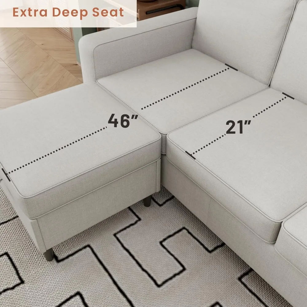 거실용 섹셔널 소파, 78인치 베이지색, USB + 타입-C 고속 포트 및 수납 오토만 포함, 3인용 L자형 소파