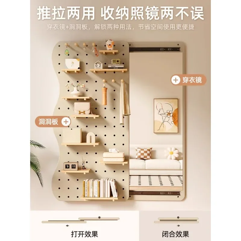 

-Solid Wood Entrance Hole Board Storage Rack, Integrated Dressing Mirror, Entrance Door Hanging Clothes Rack
