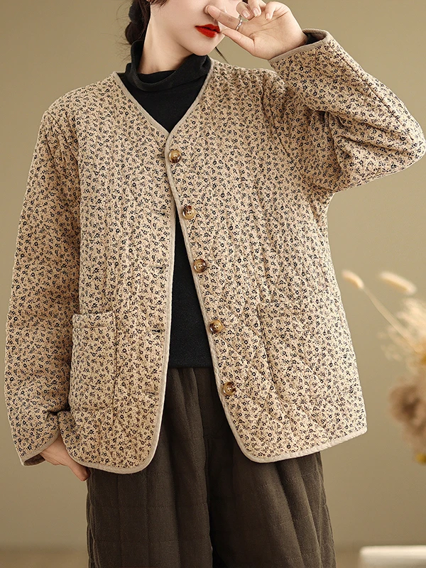 

Женская теплая хлопковая куртка в стиле ретро с цветочным принтом, зимняя свободная верхняя одежда большого размера с v-образным вырезом и v-образным вырезом, Thiened Commute Sle