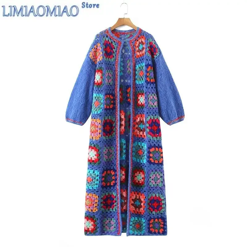 

New Autumn Hollowed-Out Hook Plaid Long Knitted Cardigan Adies Tribal Ethnic Wind Handmade Sweater Soft Bohemia