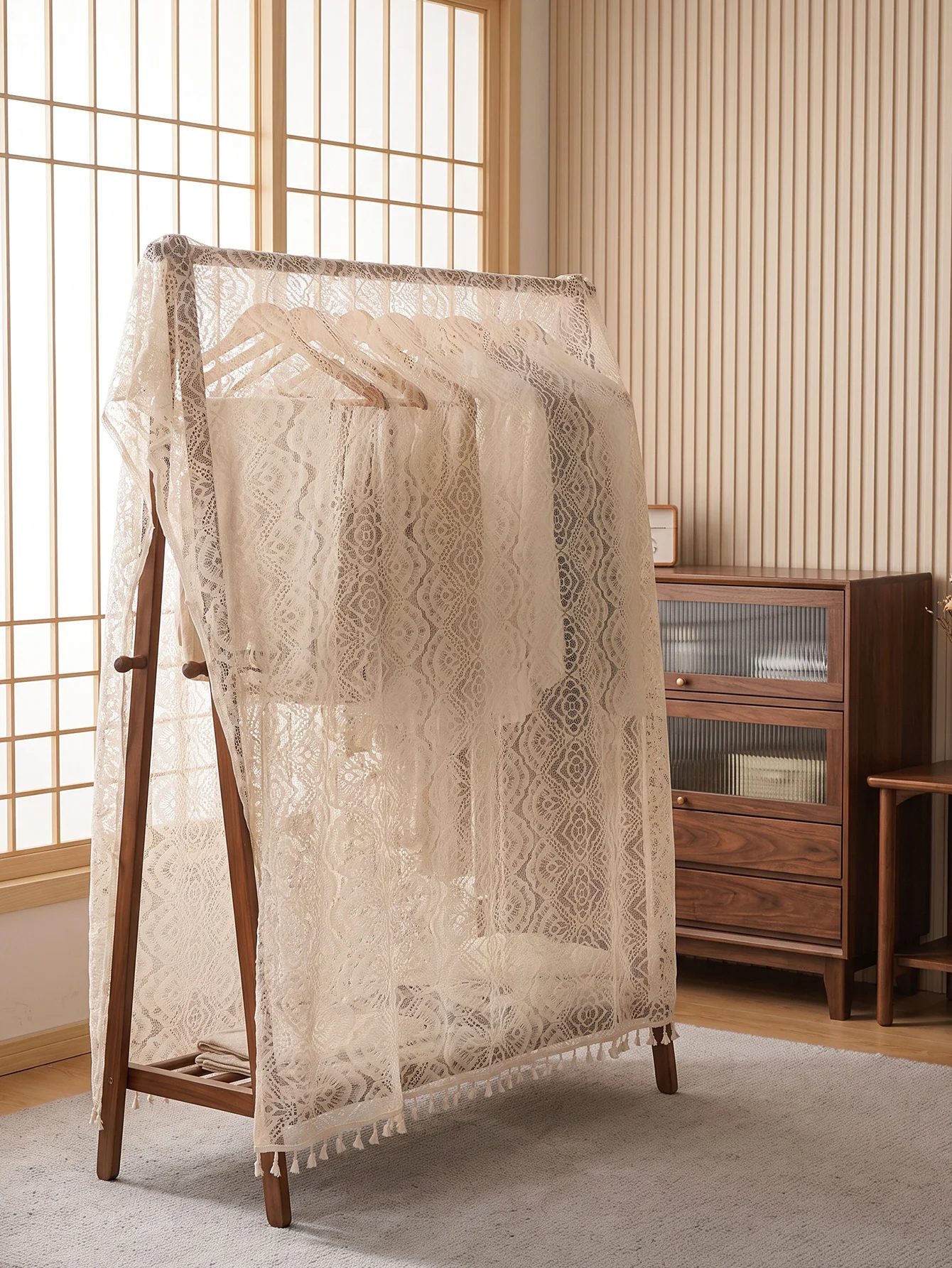 Beige Geometric Lace Garment Rack Dust Cover, Semi Sheer Tassel Clothes Cover Curtain for Open Clothing Rack Dust Proof