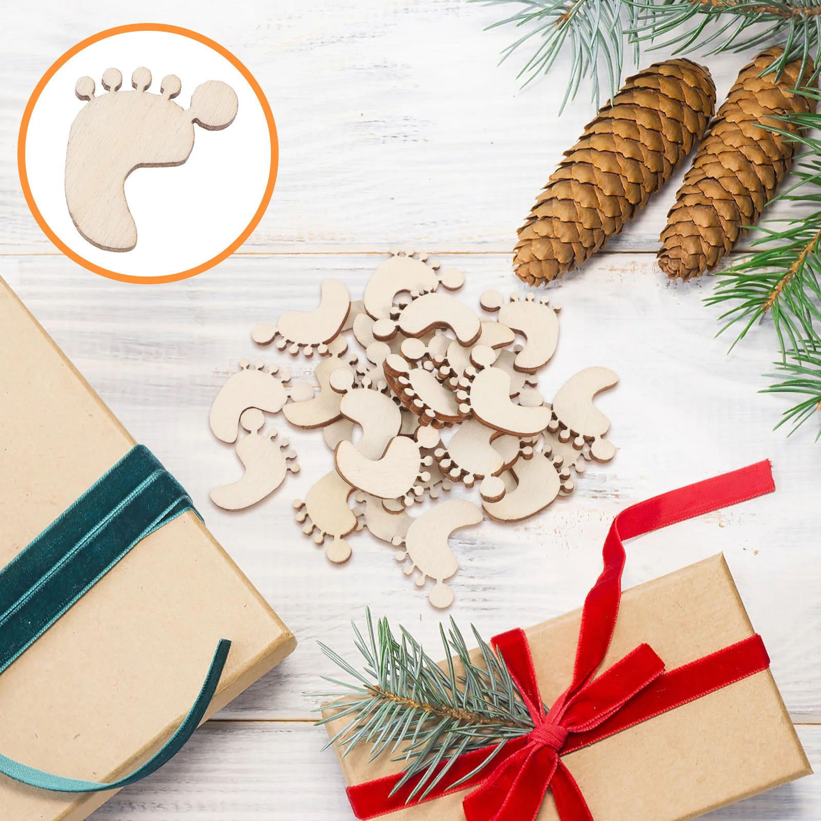 

50pcs Wood Color 25*20Mm Unfinished Wooden Footprint Embellishments Blank Slices For Diy Craft Projects Scrapbooking Decoupage