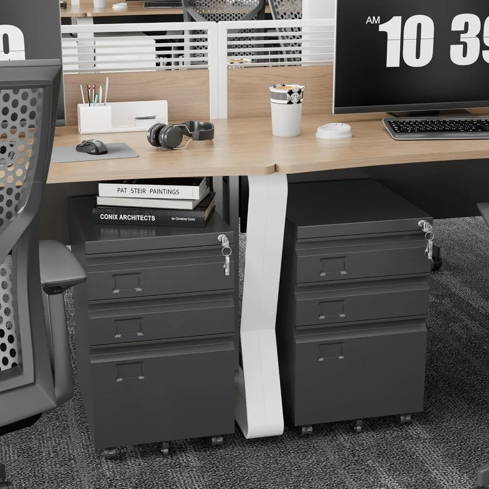 3 Drawer Metal File Cabinet with Lock and 5 Wheels Black Rolling Storage Cabinet