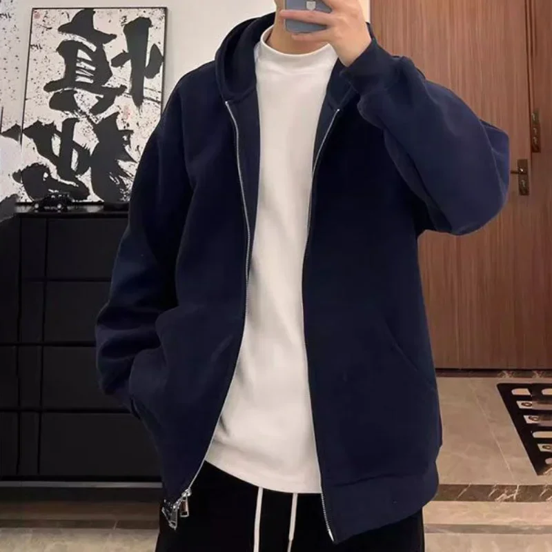 Cotton Solid Color Hooded Sweatshirt Autumn American Double Zipper Cardigan Gray Men\'s and Women\'s Loose Simple Daily Hoodies