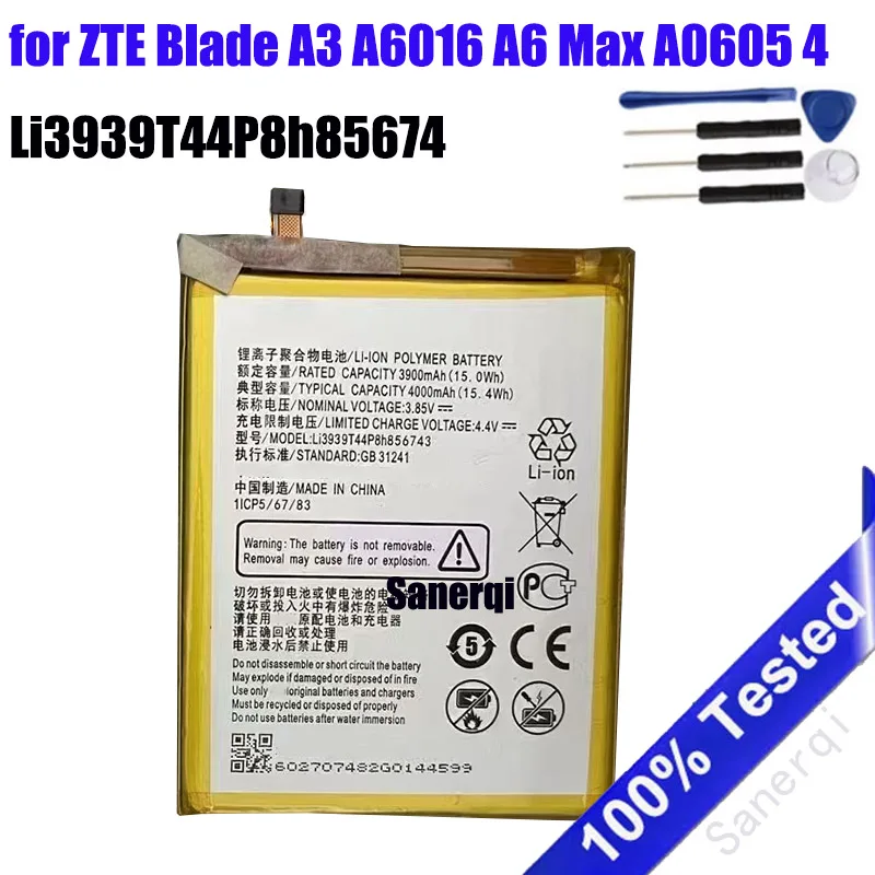 

Полный аккумулятор 4000 мАч Li3939T44P8h856743 для ZTE Blade A6 Max A0605, аккумуляторы для мобильных телефонов + инструменты